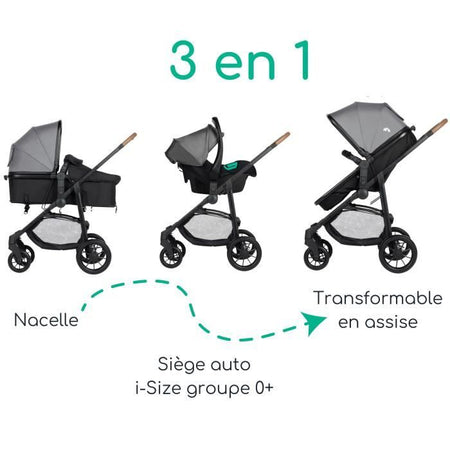 BEBECONFORT HAZE Poussette 3 en 1 - Nacelle + Siège auto + Habillage pluie inclus